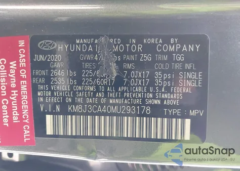 2021 Hyundai Tucson Value z USA, uszkodzony, nr VIN KM8J3CA40MU293178